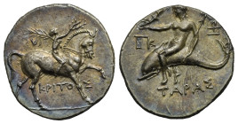Calabria. Tarentum. Half Shekel struck under Kritos (Magistrate). Punic occupation, circa 212-209 BC (Silver, 19.48 mm, 3.78 g). KPITO - Σ, Youth on h...