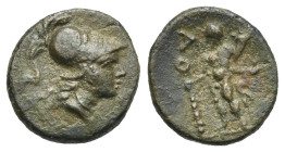 Calabria. Uxentum. Bronze. Circa 150-125 BC (Bronze, 13.94 mm, 1.92 g). Helmeted head of Athena right. Rev. AO, Herakles standing left, holding club a...