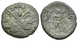 Calabria. Uxentum. As. Circa 125-90 BC (Bronze, 22.87 mm, 9.25 g). Janiform head. Rev. [OZAN], Herakles standing left, holding club, lion’s skin drape...