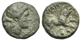 Lucania. Paestum (Poseidonia). Sextans. Circa 218-201 BC (Bronze, 15.48 mm, 3.20 g). Wreathed head of Demeter right; behind, two pellets (mark of valu...