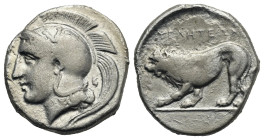 Lucania. Velia. Nomos. Circa 400-340 BC (Silver, 21.11 mm, 7.23 g). Helmeted head of Athena left; behind, K. Rev. ΥΕΛΗΤΕΩΝ, Lion walking left. HN Ital...