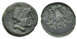 Lucania. Velia. Bronze. Circa 4th - 2nd centuries BC (Bronze, 12.66 mm, 2.06 g). Laureate head of Zeus right. Rev. YEΛΗ, Owl standing facing with open...