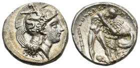 Lucania. Heraclea. Stater struck under Eu- and Apol- (Magistrates). Circa 390-340 BC (Silver, 21.88 mm, 7.82 g). Head of Athena right, wearing Attic h...