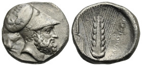 Lucania. Metapontion. Distater. Circa 340-330 BC (Silver, 25.35 mm, 15.78 g). Helmeted head of Leukippos right, helmet decorated with quadriga and hip...