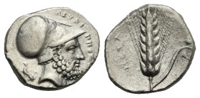Lucania. Metapontion. Stater. Circa 340-330 BC (Silver, 20mm, 7.97 g). ΛΕΥΚΙΠΠΟΣ, Helmeted head of Leukippos right; behind, dog seated left; below, Σ....