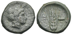 Lucania. Metapontion. Obol. Circa 425-350 BC (Bronze, 21.62 mm, 9.23 g). MET, Wreathed head of Demeter right. Rev. ΟΒΟΛΟΣ, Ear of grain with leaf to r...