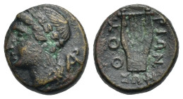 Lucania. Thourioi. Bronze. Circa 280-260 BC (Bronze, 14.77 mm, 3.19 g). Laureate head of Apollo left; AP monogram behind. Rev. ΘOY - PIΩN Lyre with fo...