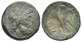 Bruttium. The Brettii. Unit or Drachm. Circa 211-208 BC (Bronze, 21.53 mm, 8.61 g). Laureate head of Zeus right, dagger behind. Rev. [ΒΡΕΤ] - ΤΙΩΝ, Ea...