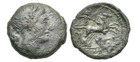 Bruttium. The Brettii. Half Unit or Half Drachm. Circa 211-208 BC (Bronze, 16.32 mm, 3.19 g). Winged bust of Nike right, wearing stephane on bound hai...
