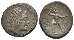 Bruttium. Petelia. Bronze. Circa 216-204 BC (Bronze, 21.14 mm, 8.52 g). Veiled head of Demeter right. Rev. ΠETH / ΛINΩN, Zeus advancing left, looking ...