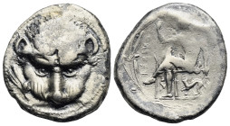 Bruttium. Rhegion. Tetradrachm. Circa 435-425 BC (Silver, 26.33 mm, 17.11 g). Lion's mask facing; olive sprig to lower left. Rev. RECIИOƧ, Iokastos be...