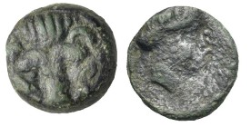 Bruttium. Rhegion. Bronze. Circa 415-387 BC (Bronze, 11.18 mm, 1.62 g). Lion's mask facing. Rev. [ΡΗΓΙΝΟΝ], Laureate head of Apollo right. HN Italy 25...