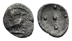 Sicily. Akragas. Pentonkion. Circa 460-446 BC (Silver, 7.74 mm, 0.19 g). AK - PA, Eagle standing right on Ionic column. Rev. Five pellets (mark of val...