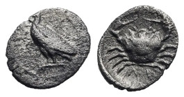 Sicily. Akragas. Litra. Circa 450-439 BC (Silver, 10.12 mm, 0.57 g). [AK - RA], Sea eagle standing left on Ionic column. Rev. Crab; below, ΛI (mark of...