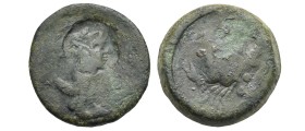 Sicily. Akragas. Countermarked Tetras or Trionkion. Circa 415-406 (Bronze, 22.27 mm, 9.51 g). Eagle standing right, with spread wings and dead hare in...