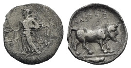 Sicily. Entella. Litra. Circa 440-430 BC (Silver, 12.17 mm, 0.73 g). Female figure standing left, holding phiale over altar and with filleted temple k...