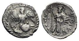 Sicily. Kamarina. Litra. Circa 461-435 BC (Silver, 12.77 mm, 0.66 g). Nike flying left; below, swan standing left; all within wreath of olive leaves. ...