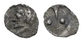 Sicily. Katane. Hexas or Dionkion. Circa 415-412 BC (Silver, 5.75 mm, 0.06 g). Horned head of Amenanos left. Rev. Vertical thunderbolt or spear, flank...