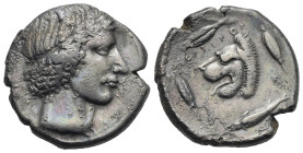 Sicily. Leontinoi. Tetradrachm. Circa 430-425 BC (Silver, 26.33 mm, 16.70 g). Laureate head of Apollo right; behind, [laurel leaf and berry]. Rev. ΛEO...