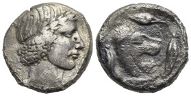 Sicily. Leontinoi. Tetradrachm. Circa 430-425 BC (Silver, 24.91 mm, 16.33 g). Laureate head of Apollo right; behind, [laurel leaf and berry]. Rev. [Λ ...