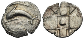 Sicily. Messana (as Zankle). Drachm. Circa 500-493 BC (Silver, 21.93 mm, 3.72 g). DANKLE, Dolphin swimming left within sickle-shaped harbour. Rev. Nin...