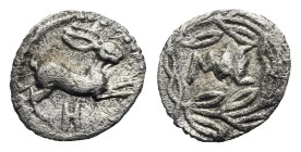Sicily. Messana. Hemilitron. Circa 455-451 BC (Silver, 9.12 mm, 0.31 g). Hare springing right; below, H (mark of value). Rev. ME, within olive wreath ...