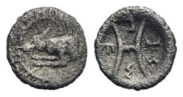 Sicily. Segesta. Hemilitron. Circa 440-425 BC (Silver, 8.81 mm, 0.37 g). Forepart of hound left. Rev. Σ-E – Γ - E – Σ (retrograde), around large H (ma...