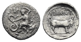Sicily. Selinous. Litra. Circa 466-415 BC (Silver, 11.95 mm, 0.74 g). Nymph seated left on a rock; raising veil over head, grasping a serpent coiled; ...