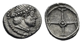 Sicily. Syracuse. 'Barbarische' Obol struck under the Deinomenid tyranny. Circa 485-470 BC (Silver, 9.69 mm, 0.62 g). Diademed head of Arethusa right....