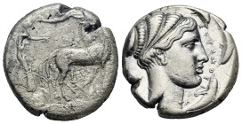 Sicily. Syracuse. Tetradrachm struck under the second democracy. Circa 430-420 BC (Silver, 24.50 mm, 17.05 g). Charioteer driving walking quadriga rig...