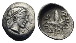 Sicily. Syracuse. Litra struck under the second democracy. Circa 466-450 BC (Silver, 11.43 mm, 0.67 g). ΣVRA, Diademed head of Arethusa right. Rev. Oc...