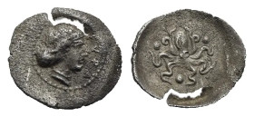 Sicily. Syracuse. Tetras or Trionkion struck under the second democracy. Circa 415-406 BC (Silver, 9.64 mm, 0.18 g) ΣΥΡΑ, Head of Arethusa right, wear...