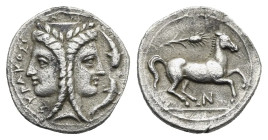Sicily. Syracuse. Dilitron struck under Timoleon and the third democracy. Circa 344-317 BC. (Silver, 13.20 mm, 1.46 g). ΣΥΡΑΚΟΣΙΩΝ, Janiform female he...