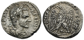 Seleucis and Pieria. Laodicea ad Mare. Macrinus, 217-218. Tetradrachm. AD 217-218 (Billon, 26.34 mm, 13.43 g). AYT K M OΠ CЄOY MAKPЄINOC [C], Laureate...
