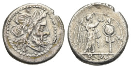 Anonymous. Victoriatus. Rome. After 211 BC (Silver, 17.01 mm, 2.89 g). Laureate head of Jupiter right. Rev. Victory standing right, crowning trophy; i...