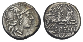 C. Renius. Denarius. Rome. 138 BC (Silver, 16.24 mm, 3.52 g). Helmeted head of Roma right; behind, X (mark of value). Rev. C RENI / ROMA, Juno, holdin...