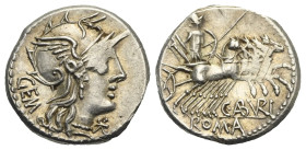 C. Aburius Geminus. Denarius. Rome. 134 BC (Silver, 18.50 mm, 3.93 g). GEM - * (mark of value), Helmeted head of Roma right. Rev. C ABVRI / ROMA, Mars...
