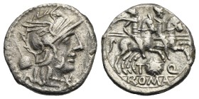 T. Quinctius Flamininus. Denarius. Rome. 126 BC (Silver, 17.71 mm, 3.64 g). Helmeted head of Roma right; behind, flamen's cap; before, * (mark of valu...