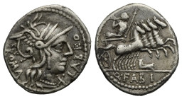 Q. Fabius Labeo. Denarius. Rome. 124 BC (Silver, 18.66 mm, 3.89 g). LABEO - ROMA, Helmeted head of Roma right; below, X (mark of value). Rev. Q FABI, ...