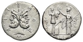 M. Furius L.f. Philus. Denarius. Rome. 120 BC (Silver, 18.22 mm, 3.57 g). M FOVRI L F, Laureate head of Janus. Rev. ROMA / PHILI, Roma standing left, ...