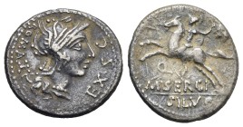 M. Sergius Silus. Denarius. Rome. 116-115 BC (Silver, 17.31 mm, 3.54 g). ROMA - EX S C, Helmeted head of Roma right; behind, * (mark of value, XVI mon...