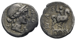Man. Aemilius Lepidus. Denarius. Rome. 114-113 BC (Silver, 18.60 mm, 3.80 g). ROMA, Laureate, draped and diademed bust of Roma right; behind, * (mark ...