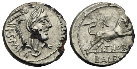 L. Thorius Balbus. Plated Denarius. Rome. 105 BC (Silver on Bronze, 18.70 mm, 2.96 g). I S M R, Head of Juno Sospita right, wearing goat-skin headdres...