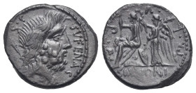 M. Nonius Sufenas. Denarius. Rome. 59 BC (Silver, 18.69 mm, 3.74 g). SVFENAS - S C, Head of Saturn right; behind, harpa and conical stone. Rev. PR L -...