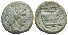 Sex. Pompeius Magnus. Circa 45-36 BC. As (Bronze, 28.23 mm, 17.10 g). Uncertain Sicilian mint. Circa 45-44 BC. MGN, Laureate head of Janus with featur...