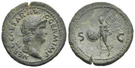Nero, 54-68. As. Rome. AD 65 (Bronze, 28.76 mm, 9.66 g). NERO CAESAR AV - G GERM IMP, Laureate head right. Rev. S - C, Victory flying left, holding sh...