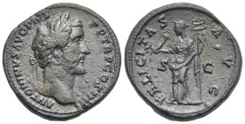 Antoninus Pius, 138-161. Sestertius. Rome. AD 147 (Bronze, 32.76 mm, 26.39 g). ANTONINVS AVG PIVS - P P TR P COS IIII, Laureate head right. Rev. FELIC...