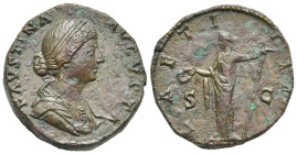 Faustina II. Sestertius struck under her husband Marcus Aurelius. Rome. AD 161-176 (Bronze, 30.30 mm, 26.33 g). FAVSTINA - AVGVSTA, Pearl-diademed and...