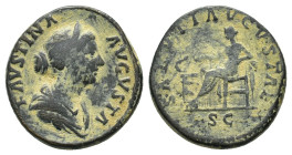 Faustina Minor. Sestertius struck under her husband Marcus Aurelius. Rome. AD 161-164 (Bronze, 29.79 mm, 23.50 g). FAVSTINA - AVGVSTA, Diademed and dr...