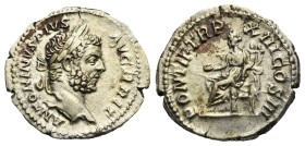 Caracalla, 198-217. Denarius. Rome. AD 210 (Silver, 18.69 mm, 2.84 g) ANTONINVS PIVS - AVG BRIT, Laureate head right. Rev. PONTIF TR P - XIII COS III,...